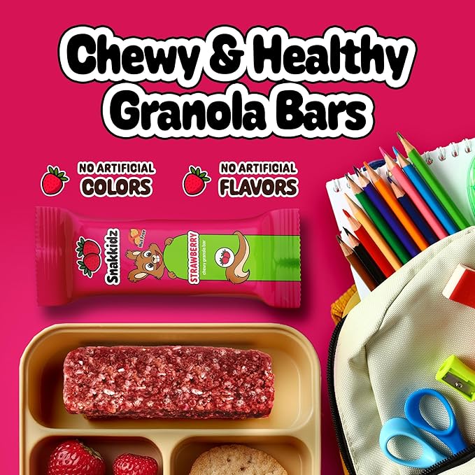 Snakkidz Organic Chewy Granola Bar, Allergen Free, Made with Avocado Oil, Low Sugar (45 Bars, Strawberry)