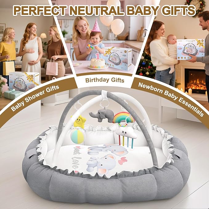 OCATO Baby Play Mat Gym: Baby Play Gym Tummy Time Mat Thick Large Baby Activity Center from Newborn to Toddler Skills Development Baby Essentials Baby Shower Gifts Boy Girl for Babies 0-6-12 Months