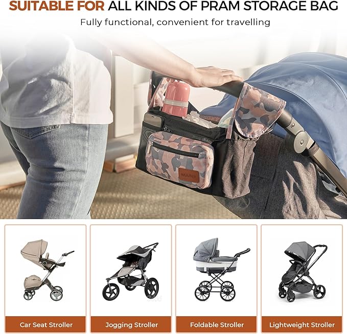 Universal Stroller Organizer with Cup Holder & Detachable Wristlet Large Baby Stroller Bag for Mom, Uppababy, Baby Jogger, Britax, BOB & Umbrella Strollers (Multicolor)