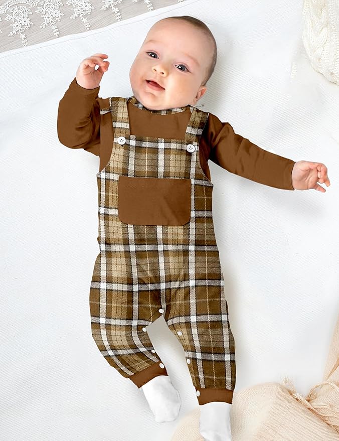 Baby Boy Clothes Long Sleeve Animal Plaid Romper + Overalls Infant Boy Clothes 2PCS Fall Winter Outfits