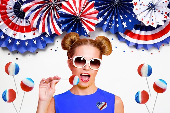 Patriotic Striped Cherry Lollipop Suckers, USA Patriotic Red, White & Blue, Hard Candy Treats, Individually Wrapped (25 Count (Half Pound))