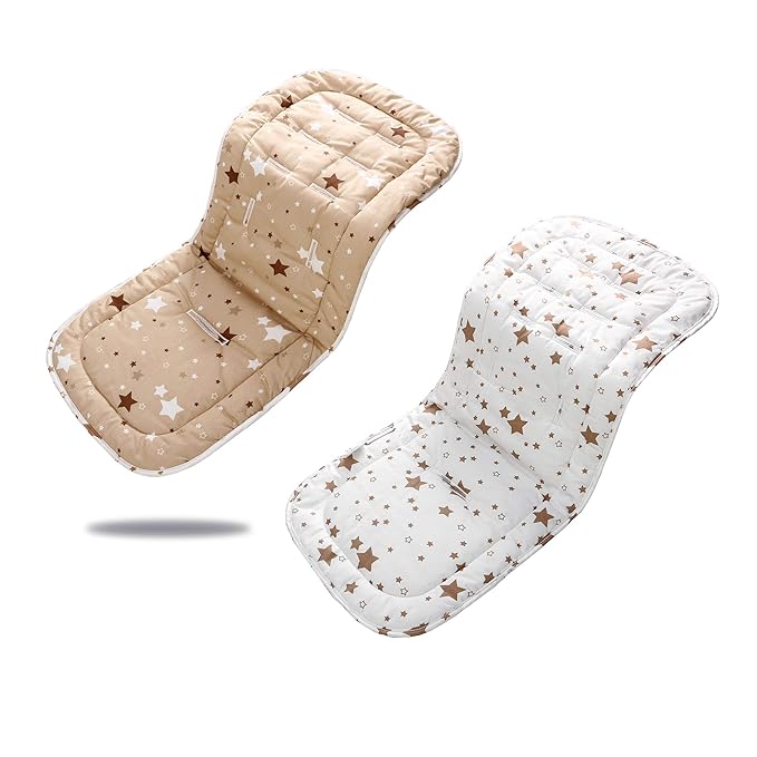 Baby Stroller Cushion,Infant Car Seat Insert-Reversible Universal Breathable and Soft Newborn Stroller Mat, 100% Cotton Cover Toddler Seat Pad Liner-34x78cm,1 Pack（White + Brown Stars）