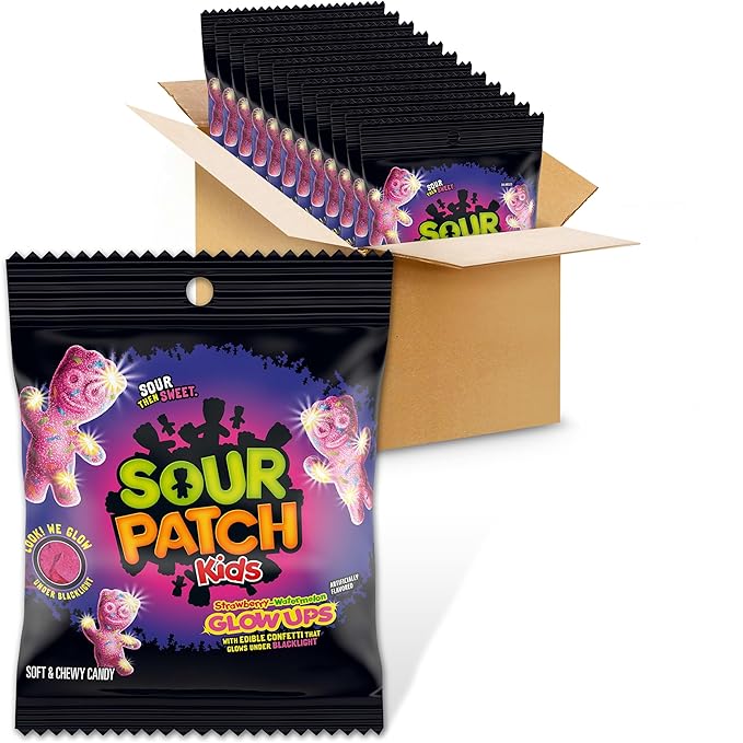 SOUR PATCH KIDS Glow Ups Strawberry-Watermelon Soft & Chewy Candy, Bulk Candy, 12-3.08 oz Bags