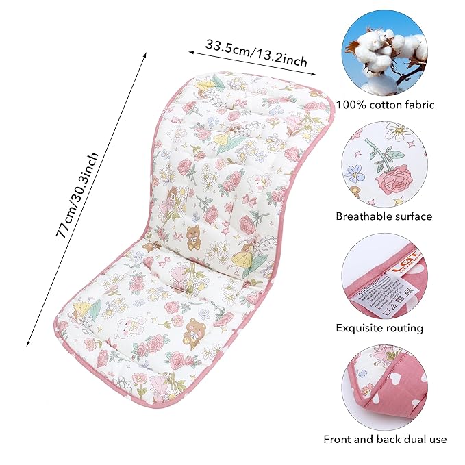 Baby Stroller Cushion,Infant Car Seat Insert-Reversible Universal Breathable and Soft Newborn Stroller Mat,100% Cotton Cover Toddler Seat Pad Liner-34x78cm,1 Pack(Pink Princess)