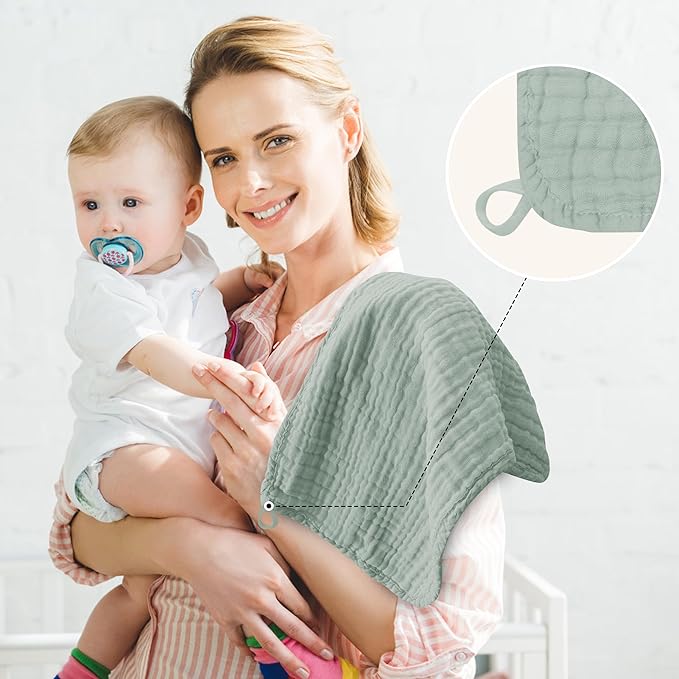 12 Pack Muslin Burp Cloths - Large 20" x 10", Ultra Absorbent 100% Cotton for Baby Drool and Messes - Soft, Gentle Baby Burp Rag for Boys & Girls -Grey, Green, Slate