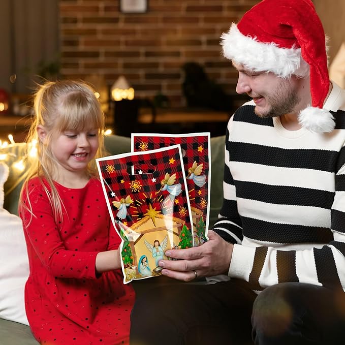 50Pcs Christmas Nativity Christian Party Favor Bags, Jesus Cardinal Buffalo Plaid Goodies Gift Bags, O Holy Night Themed Party Decorations for Christmas Birthday Supplies