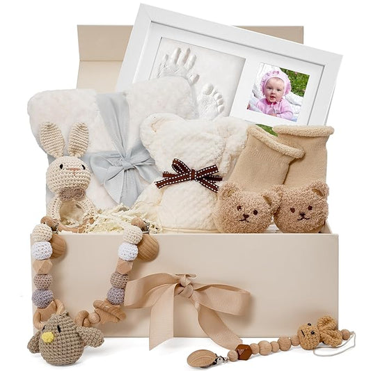 Deluxe Baby Gift Set for Newborn Boys & Girls – Handprint & Footprint Keepsake Frame, Knitted Blanket, Rattle, Socks, Pacifier Clip – in Gift Box