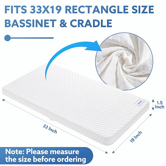 Pro Goleem Baby Bassinet Mattress Pad 33"x19" Rectangle, Waterproof Soft Cover Gel Memory Foam, Dual Side Cradle Mattress fit Jimglo/ANGELBLISS 3 in 1/BabyBond/Cowiewie Baby Bassinet