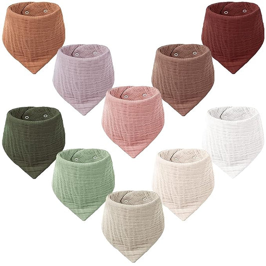 Konssy Muslin Baby Bibs 10 Pack Baby Bandana Drool Bibs 100% Cotton for Unisex Boys and Girls, Soft Absorbent Set for Teething and Drooling