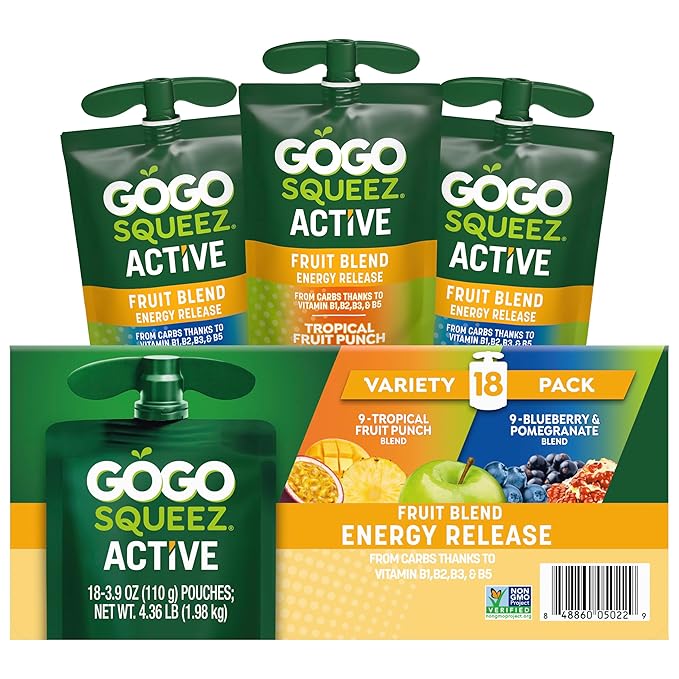 GoGo squeeZ Active Fruit Blend Energy Release | 18-Count Variety Pack | Tropical Fruit Punch and Blueberry & Pomegranate | Made with Real Fruit and B Vitamins