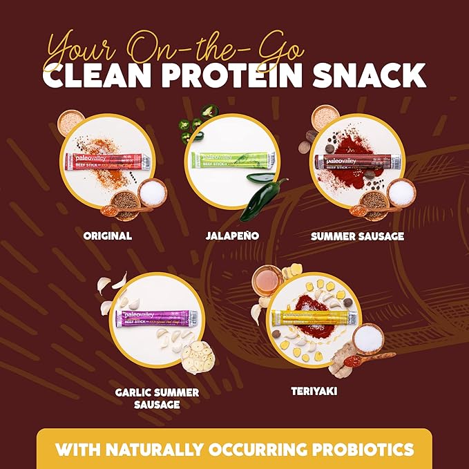Paleovalley 100% Grass Fed Summer Sausage Beef Sticks - Delicious Gluten Free Beef Snack - High Protein Keto Friendly