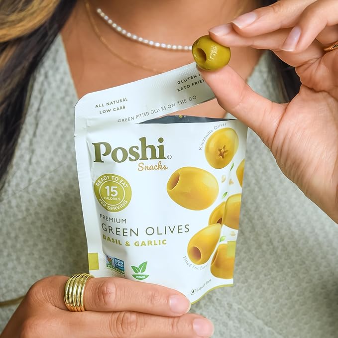 Poshi Green Pitted Olives | Basil & Garlic | Vegan, Kosher, Gluten Free + Keto Friendly, Fresh, Low Calorie Healthy Snacks | (30 Pack, 1.1oz Bags)
