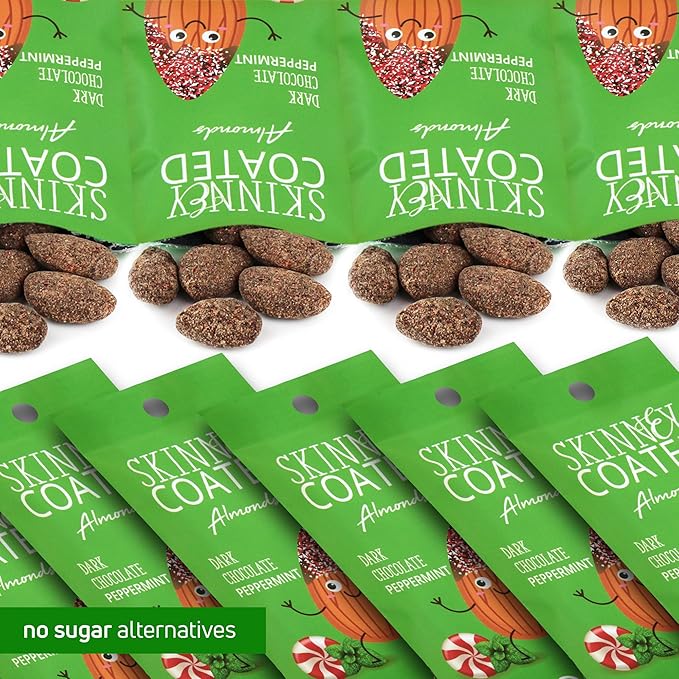 Skinny Coated Almonds Dark Chocolate Peppermint Flavored Healthy Chocolate Snacks Bulk - Skinny Almonds, Kosher, Gluten Free Snacks for Adults, 1.2Oz Bag, 6 Pack