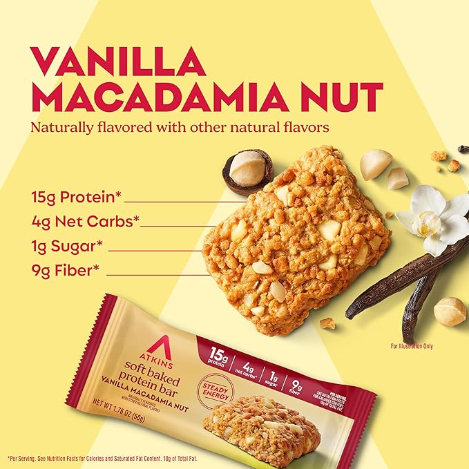 Atkins Soft Baked Protein Bars, Vanilla Macadamia Nut, 15g Protein, 2g Sugar, Excellent Source of Fiber, Low Carb, 6 Packs (4 Bars Each)