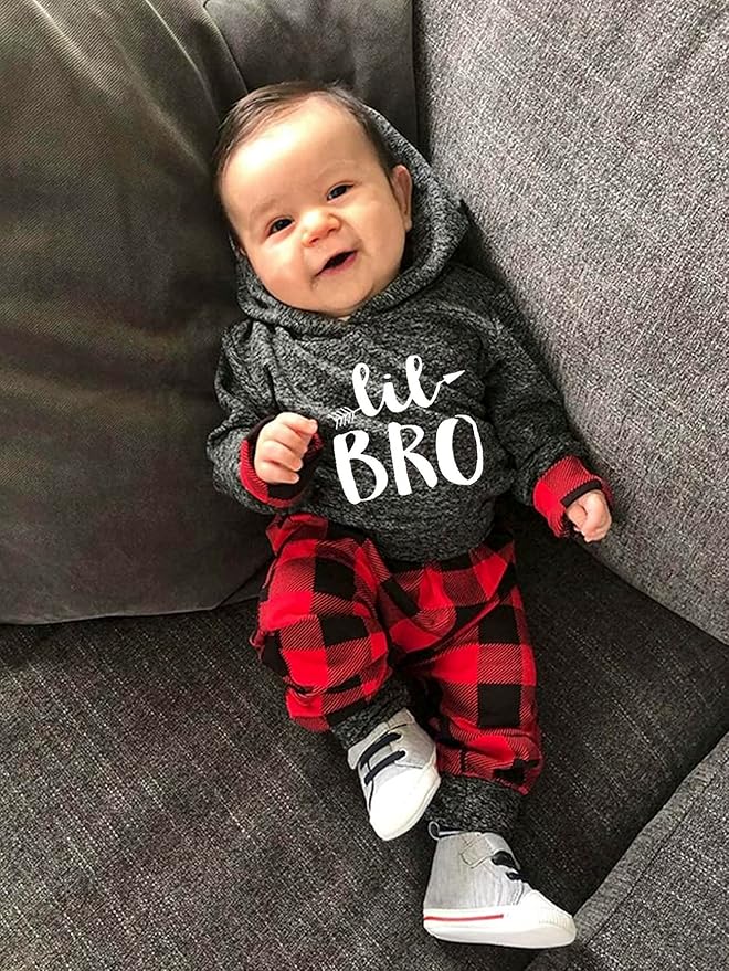 Fommy Newborn Baby Boy Clothes Plaid Letter Print Long Sleeve Hoodies + Long Pants 2PCS Fall Winter Outfits Set
