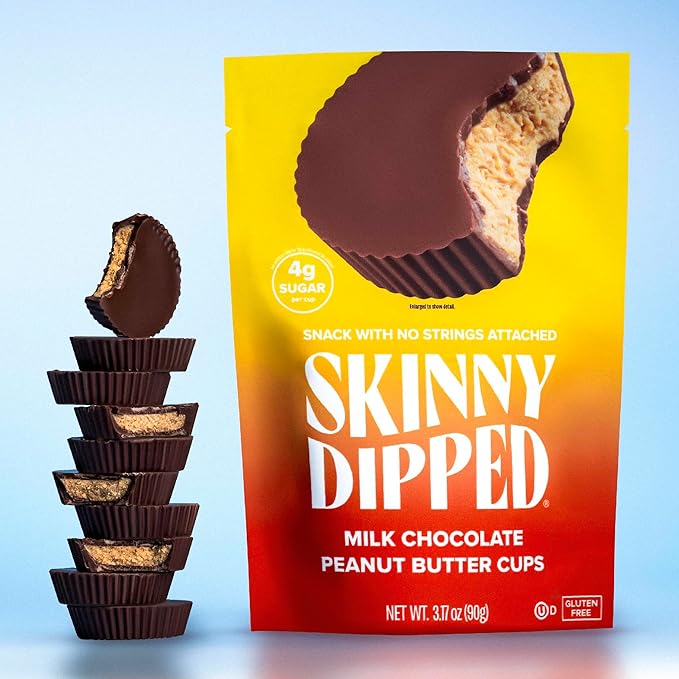 SkinnyDipped Milk Chocolate Peanut Butter Cups, 4g Sugar, Low Sugar, Low Carb, Gluten Free, 3.2oz Bag, 4 Pack (24 Cups Total)