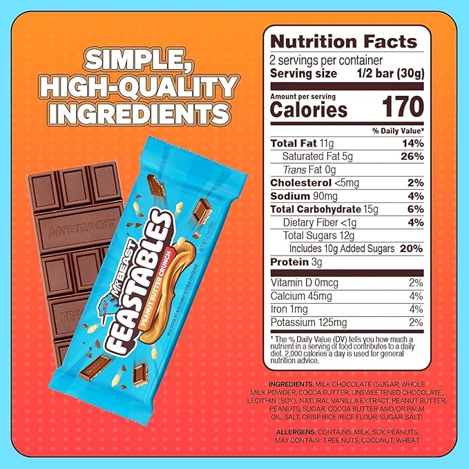 Feastables MrBeast Combo Pack, King Size Milk Chocolate & Milk Crunch Bars, 10 Each, Candy Bars for Adults & Kids, Candy Bar for Snacks, Gifts, or Dessert, Fairtrade Cocoa, 2.1 Oz Each, 20 Count
