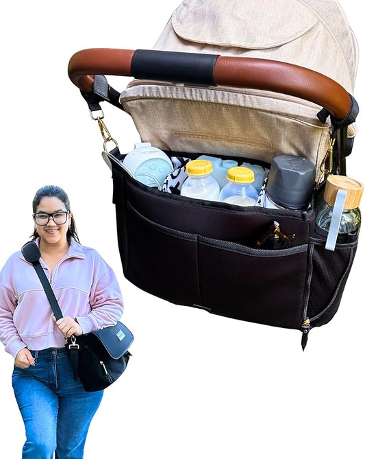 Sarah Wells Stroller Caddy & Pump Bag – Insulated Neoprene Diaper Organizer with Crossbody Strap, Machine Washable, Luggage Sleeve – Fits Single & Double Strollers (Black)