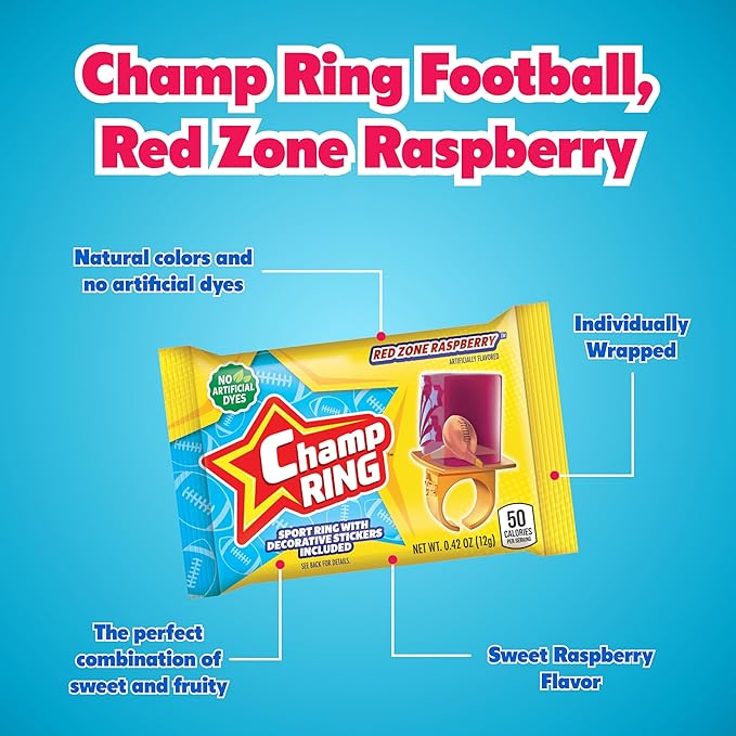 Champ Ring Football, Red Zone Raspberry - Bold Raspberry Flavored Candy Rings - Individually Wrapped - No Artificial Colors or Dyes - Perfect for Parties, Events & Snacks - Bulk Pack of 50