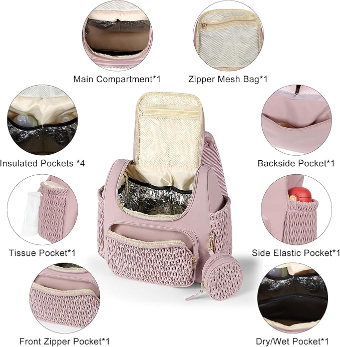 Geestock Diaper Bag Small Diaper Backpack, Stylish Quilted Baby Backpacks, Mini Maternity Bags, with Changing Pad, Pacifier Case & Stroller Straps, Parents Essentials Diaper Bag, Pink