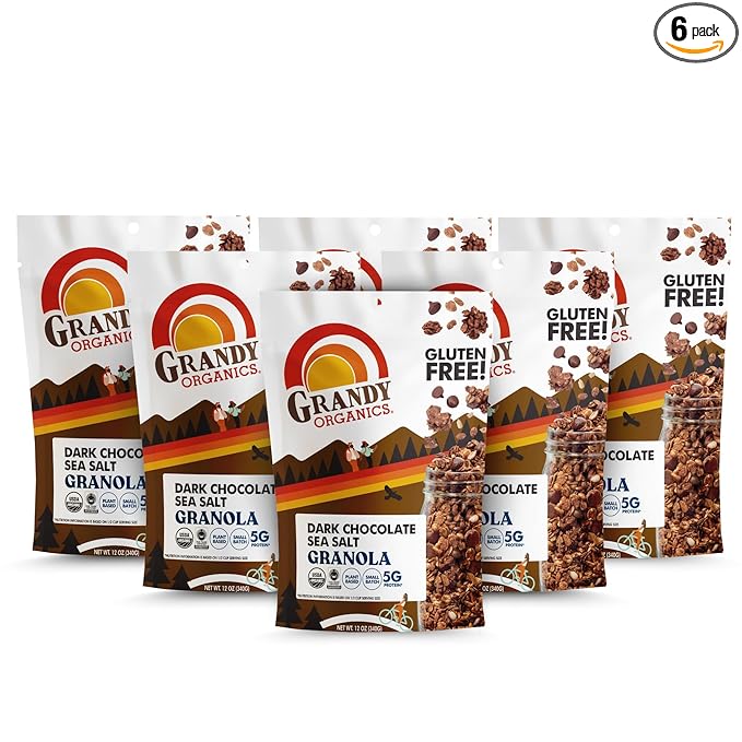 Grandy Organics Dark Chocolate Sea Salt Granola, Certified Organic Granola, Gluten Free, Non-GMO, Certified Kosher, Plant Based Protein, 12oz Each, Pack of 6
