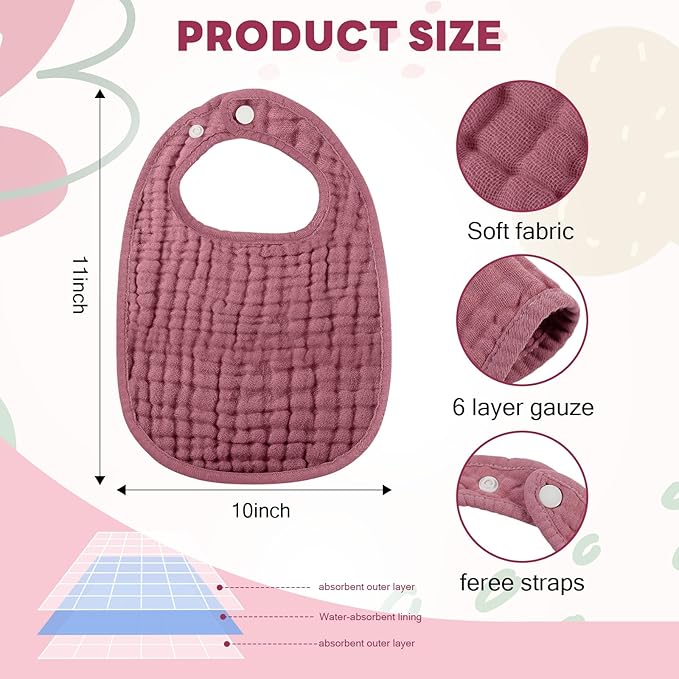 Tallew 8 Pack Baby Burp Cloth Sets with Muslin Burps and Bibs Washable Reusable Waterproof Soft Rags for Unisex Newborn Toddler Baby Boys and Girls Drooling Teething, 20 x 10 Inch(Dark Pink)