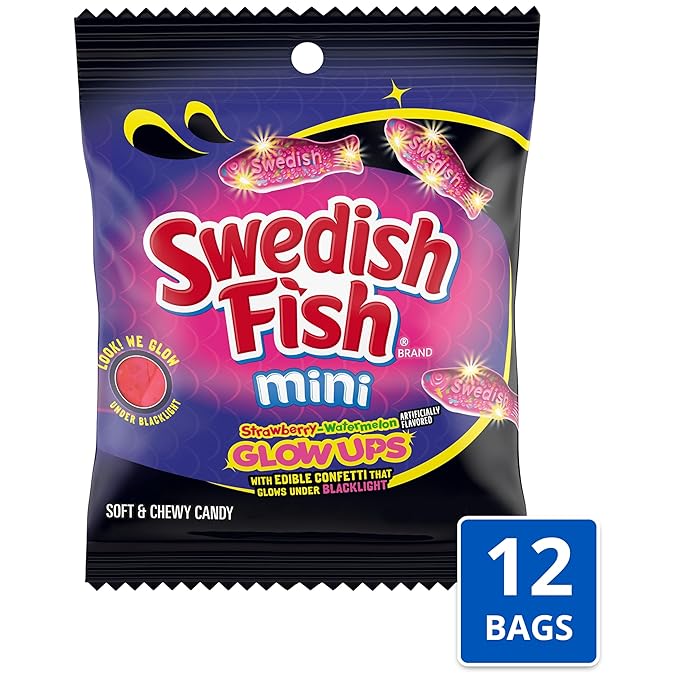 SWEDISH FISH Mini Glow Ups Strawberry-Watermelon Soft & Chewy Candy, Bulk Candy, 12-3.08 oz Bags