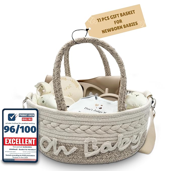 Baby Gift Basket | 11 Piece Baby Essentials – Baby Gift Set – Baby Boy Gifts & Baby Girl Gifts – Newborn Must Haves & Baby Shower Gifts with Plate, Bib, Cup, Feeder, Outfit & Rattles