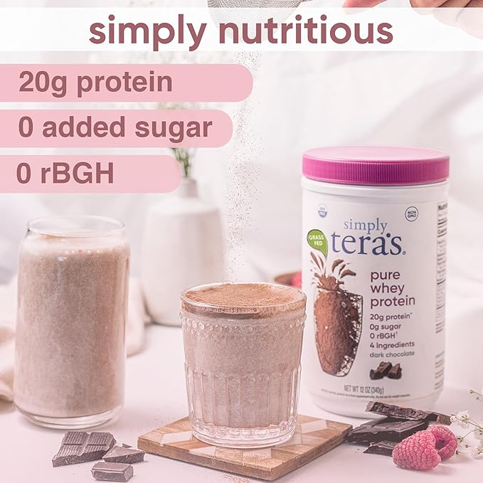 Simply tera's Pure Whey Protein Powder - Dark Chocolate Clean Protein Powder, Grass Fed Whey Protein Powder Without Artificial Sweeteners, Clean Label, Non-GMO, Kosher, rBGH-Free - 12 Oz