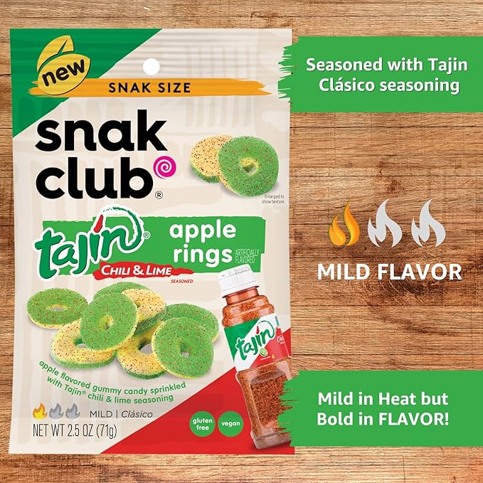 Snak Club Tajin Apple Rings, Sweet & Tasty Gummy Snacks, 2.5oz Snack Size, 12 Count