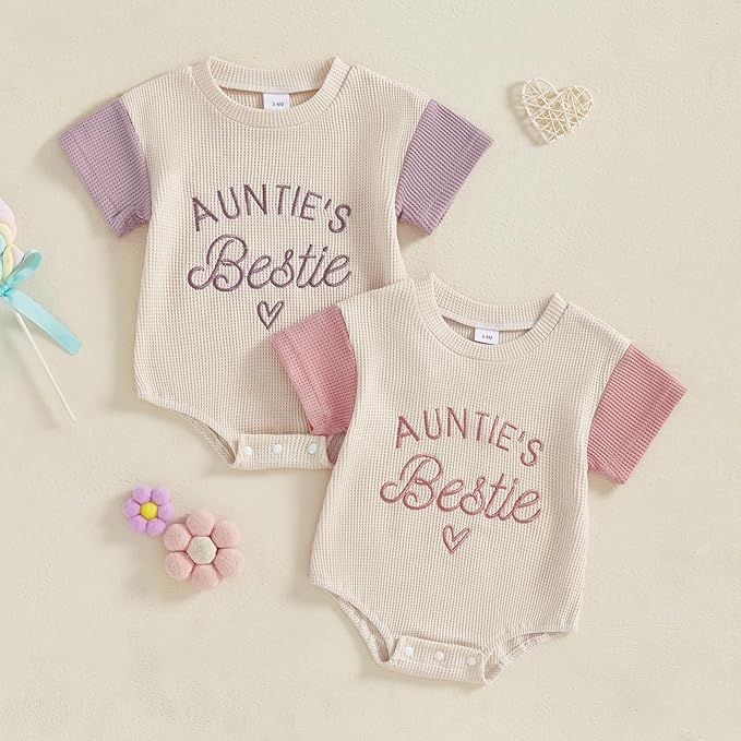 SAYOO Aunties Bestie Baby Girl Clothes Letter Embroidery Waffle Color Block Sweatshirt Bodysuit Fall Bubble Romper Pullover