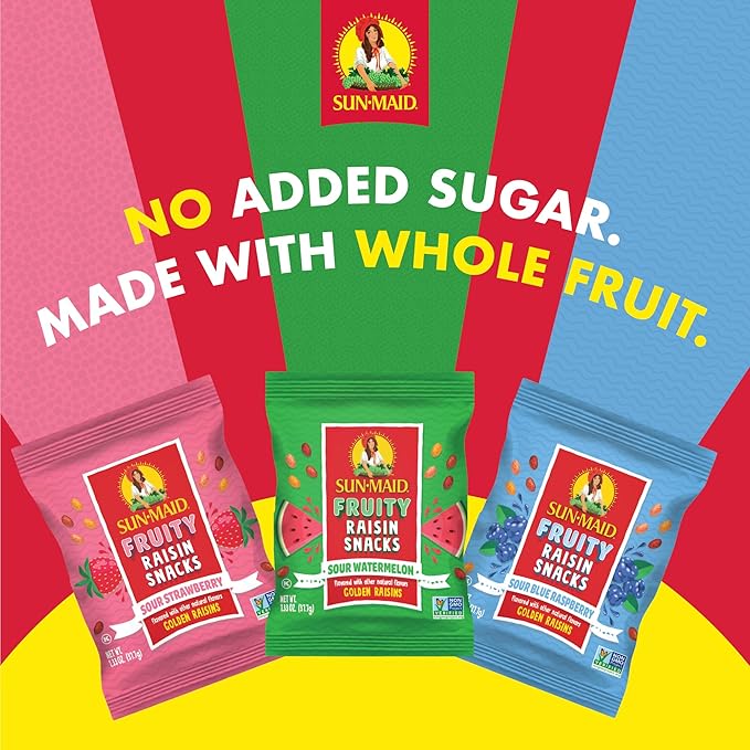 Sun-Maid Fruity Raisin Snack Variety Pack - Sour Strawberry, Watermelon & Blue Raspberry - (24 Pack) 1.33 oz Pouches - Tastes Like Sour Candy - Back To School Snacks