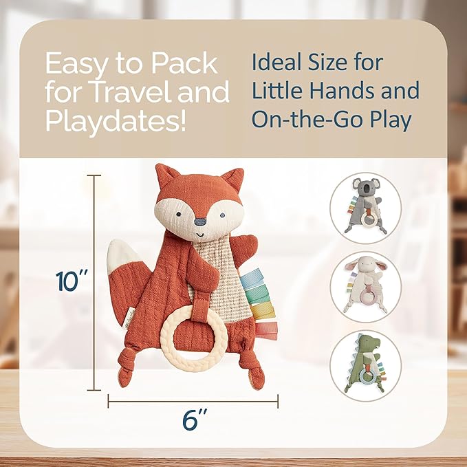 Itzy Ritzy - Bitzy Crinkle Sensory Toy Fox with Crinkle Sound for Babies & Toddlers - Features Soft Braided Teething Ring & Textured Ribbons, Designed for Ages 0 Months and Up, Fox