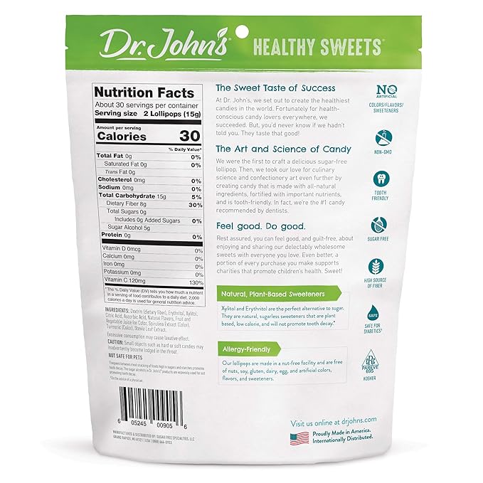 Dr. John’s Sugar Free Candy, Healthy Lollipops with Zero Sugar, Low Calorie Snacks, Keto Friendly Hard Candy Sweets, Classic Fruit Tooth, 60 Count, 1 LB