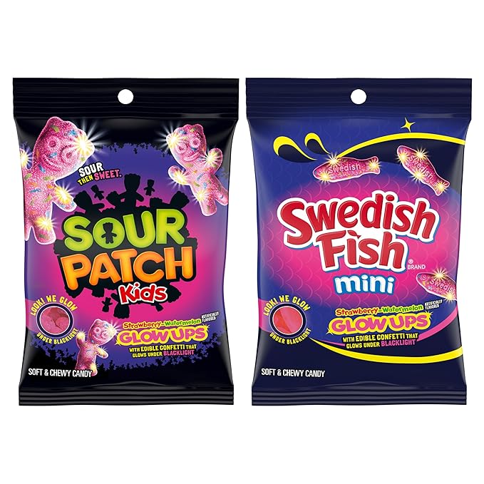SOUR PATCH KIDS and SWEDISH FISH Mini Glow Ups Strawberry-Watermelon Soft & Chewy Candy Variety Pack, Bulk Candy, 4-6.7 oz Bags