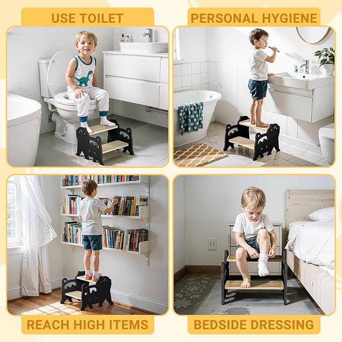 COSYLAND Kids Step Stool for Bathroom Height Adjustable - Lovely Cat Potty Training Stools for Toddlers - Wooden Stepping Stool with Handle for Bathroom Sink (Natural & Grey)