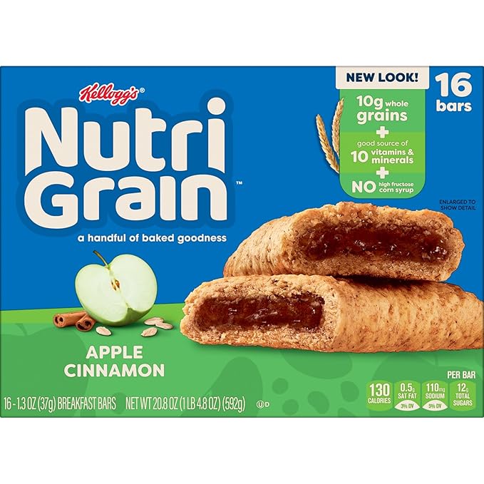 Nutri-Grain Breakfast Bars, Made with 10g Whole Grains, Snack Bars, Apple Cinnamon, 20.8oz Box (16 Bars)