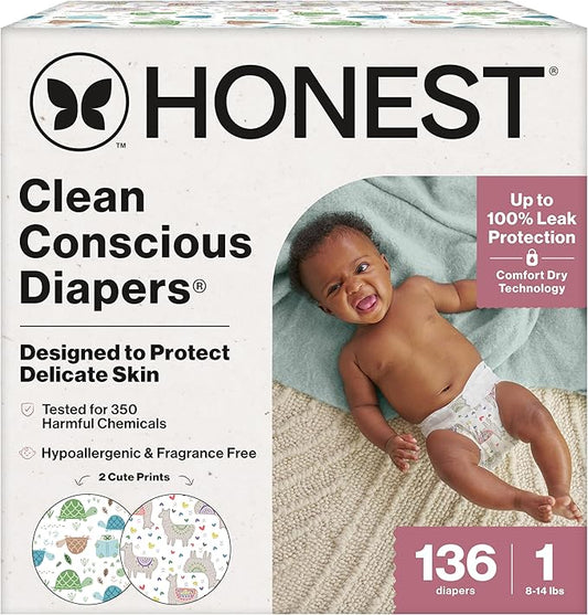 The Honest Company Clean Conscious Diapers for Delicate Skin | Up to 100% Leakproof | Hypoallergenic, Fragrance Free | Gender Neutral | Super Club Box, Size 1 (8-14 lbs), 136 Count (Prints May Vary)