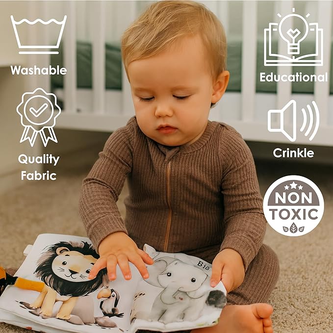 Ali+Oli Baby Cloth Book – Soft Sensory Crinkle Book with Textured Tails for Infants 0-12 Months – Early Learning Touch & Feel Tummy Time Toy – Newborn Shower Gift - Safari Friends