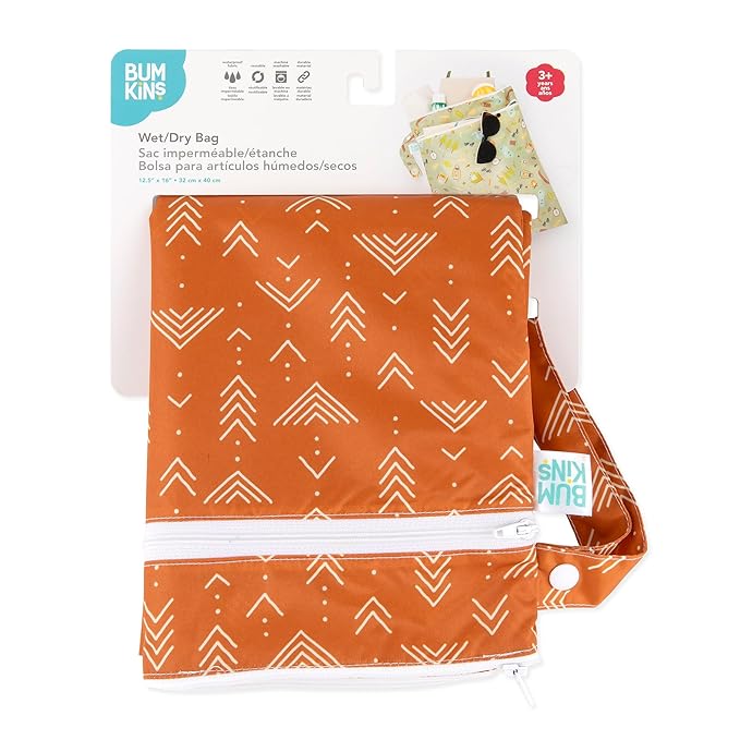 Bumkins Waterproof Wet Dry Bag for Baby, Travel, Swim Suit, Cloth Diapers, Pump Parts, Pool, Beach, Gym Clothes, Toiletry, Hook to Stroller, Daycare, Zipper Reusable Wetdry Packing Pouch, Boho Orange