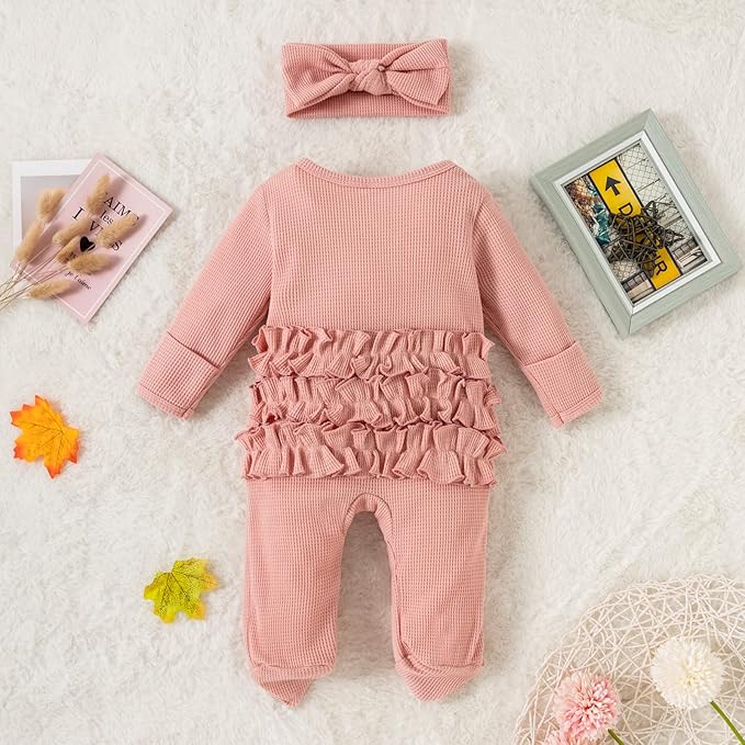 Fanvereka Newborn Infant Baby Girl Fall Outfit Romper 3 6 12 Months Girls Long Sleeve Full Length Zipper Footie Headband