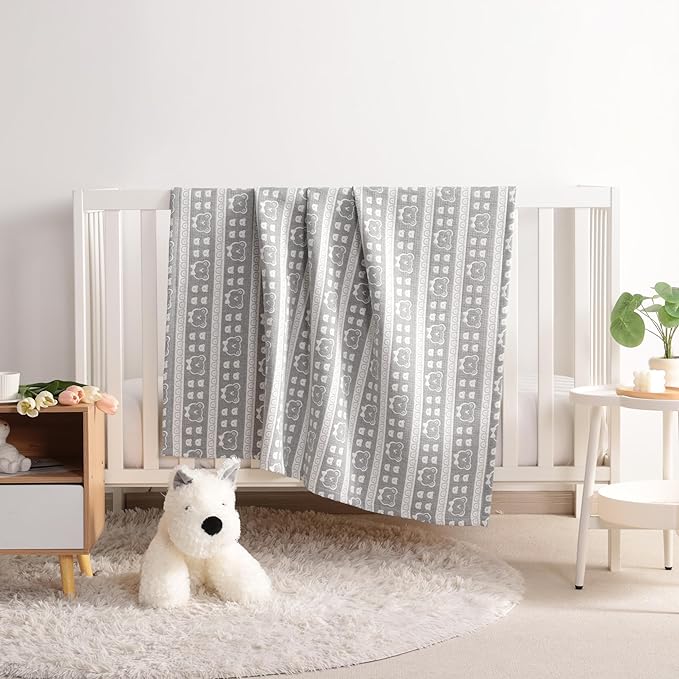 NTBAY 3 Layer Oversized Muslin Cotton Toddler Blanket, Jacquard Reversible Nursery Bed Blanket, Super Soft and Thermal for All Seasons, Baby Gift, 45"x60", Dark Grey Bear