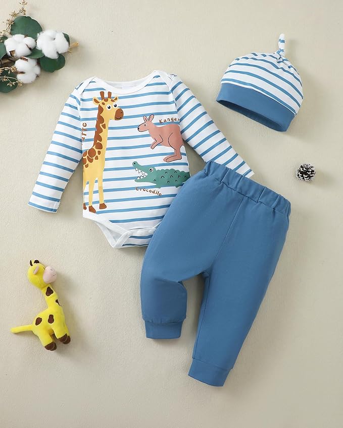 SUNNY PIGGY Baby Boy Clothes Newborn Infant Boys Outfits Romper Hat Pants 3PC Set 0-3 3-6 6-12 12-18 Month Clothing Gift