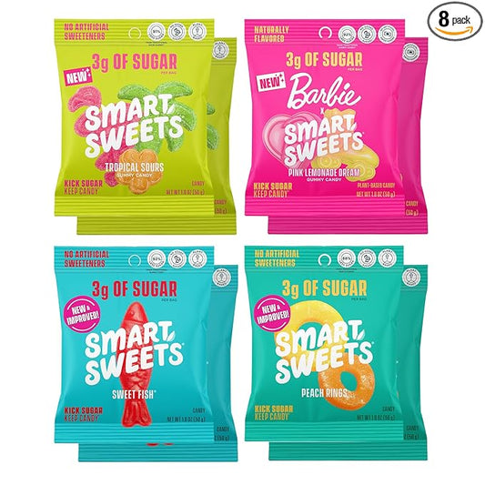 SmartSweets Variety Pack Candy, 1.8oz (Pack of 8), Candy With Low Sugar & Calorie, Healthy Snacks For Kids & Adults - Sweet Fish, Peach Rings, Tropical Sours, Barbie Pink Lemonade Dream