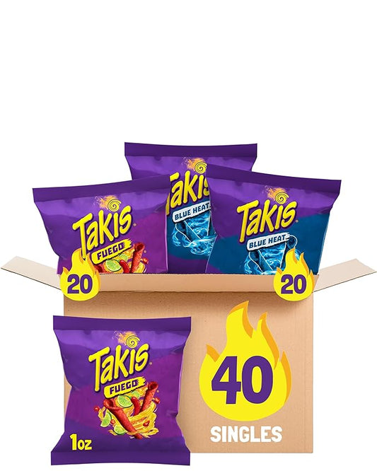 Takis 40 pc / 1 oz Variety Pack - Fuego & Blue Heat Flavored Rolled Tortilla Chips - (20) Fuego, (20) Blue Heat - Perfect for Tailgates, Parties, or the Office