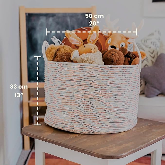 OrganiHaus Toy Storage Basket for Kids, Large Cotton Rope Organizer Bin for Nursery, Toy Box, Blanket Holder, Baby Hamper for Living Room, Soft & Washable, 20x13 inches - Rainbow