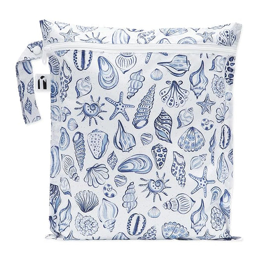 Roamio Waterproof Wet Bag for Baby, Travel, Swim Suit, Cloth Diapers, Pump Parts, Pool, Gym Clothes, Beach, Toiletry, Hook to Stroller, Daycare, Zipper Reusable Bag, Wetdry Packing Pouch, Blue Shells