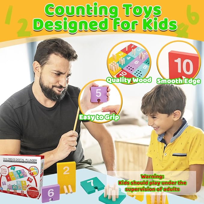 TEUVO Counting Pegs Board Montessori Toys for Kids Aged 3 4 5 6 Years Old, Wooden Early Math and Number Digital Plunger Manipulatives Materials Game for Toddlers Home Kindergarten Daycare Classroom