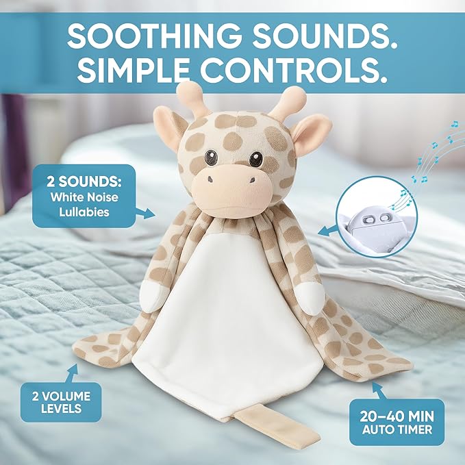 Love By Emi Baby Music Lovey Beige & White Giraffe, Baby Sleep Soother for Crib & Cuddle Bedtime, White Noise with Heartbeat & Lullaby, Plush Sound Toy, Stuffed Animal for Newborns, Infants & Toddlers