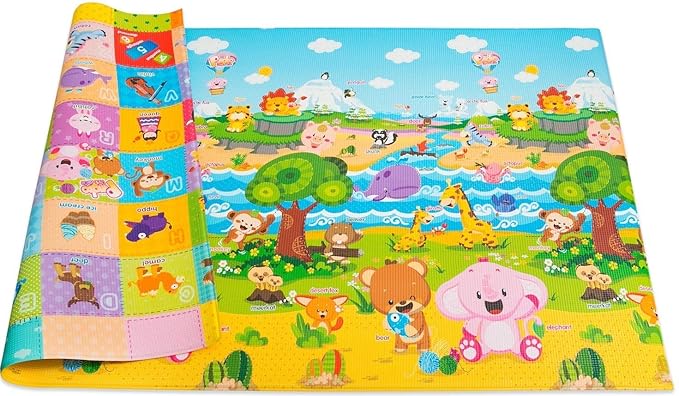 Baby Care Play Mat (Medium, Playful - Pinko & Friend) 73’’ x 49’’ Original One-Piece Reversible Rollable Waterproof Play Mat for Infants, Babies, Toddler, and Kids